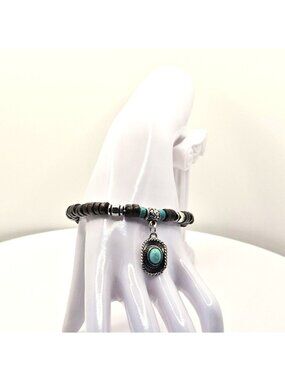 Beaded Bracelet With Turquoise And Brown Accents Silver Tone Charm Jewelry